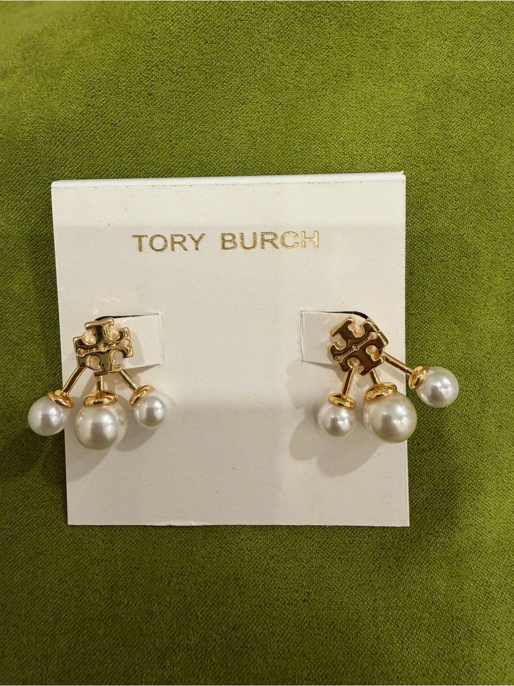 Tory Burch Gold Logo Earrings with White Pearl Drops